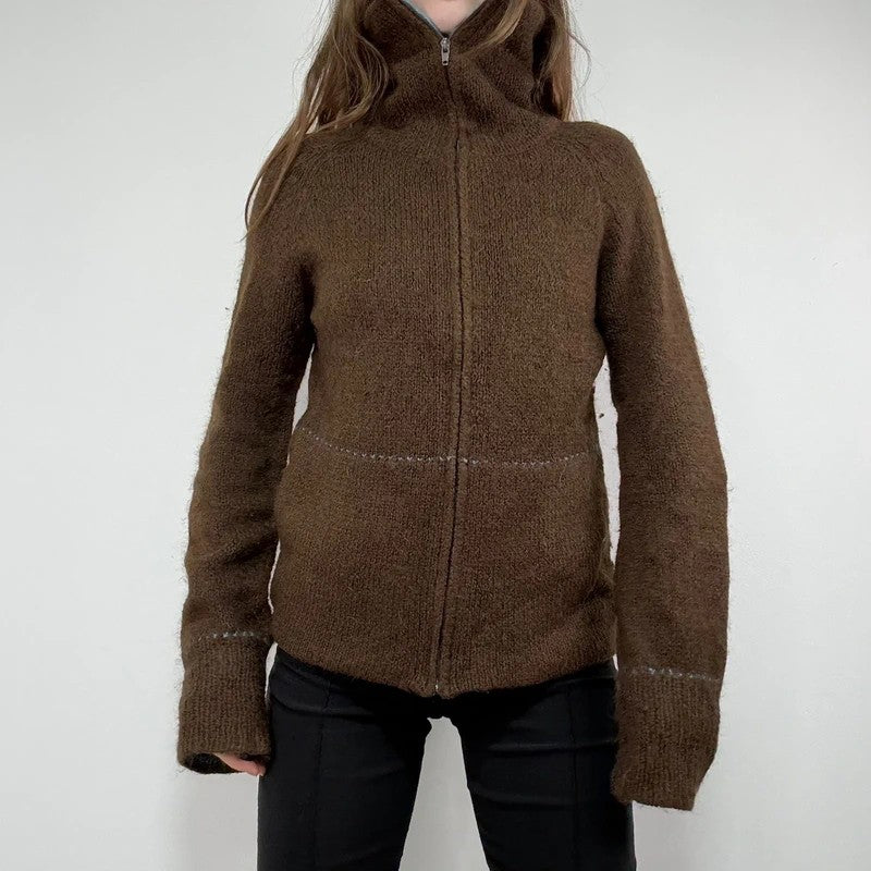 brown knit flared zip through cardigan