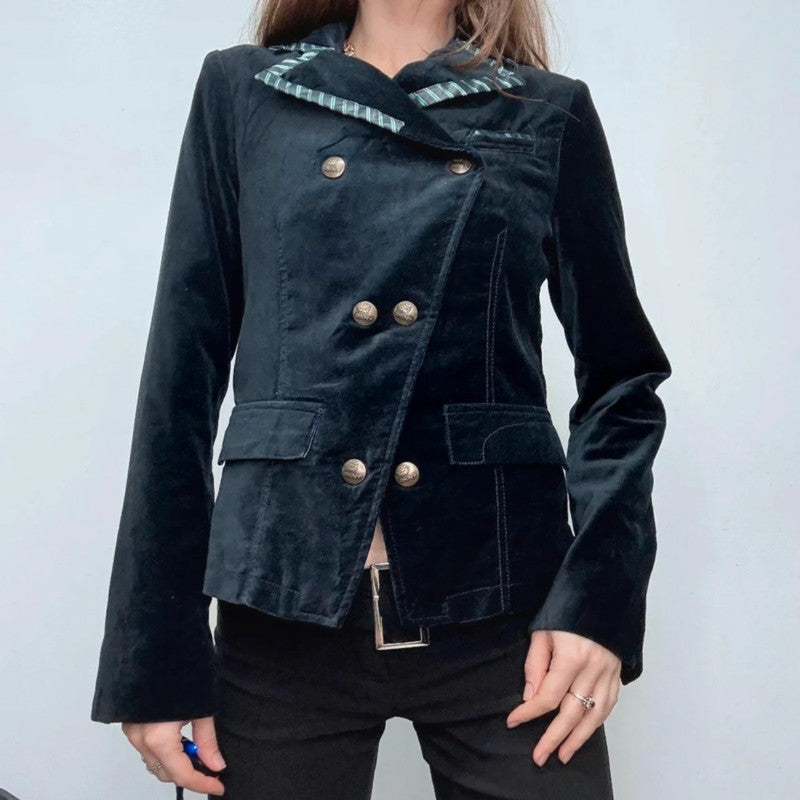 Asymmetric cropped flared military jacket