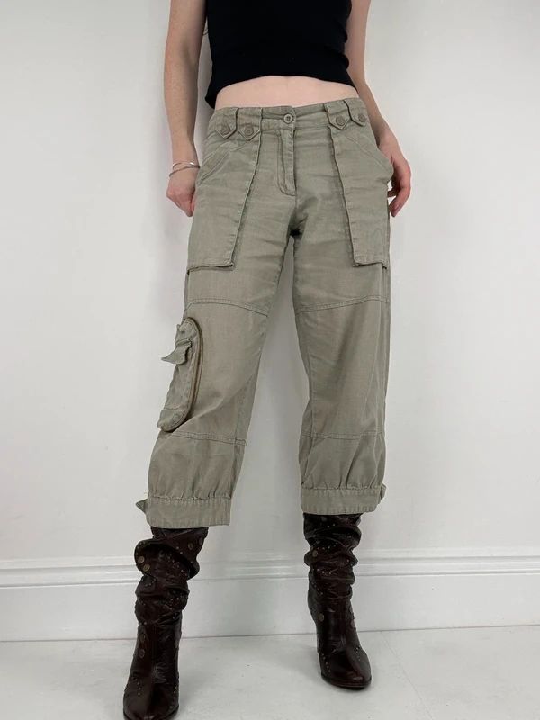 khaki linen cropped pleated capri utility pants