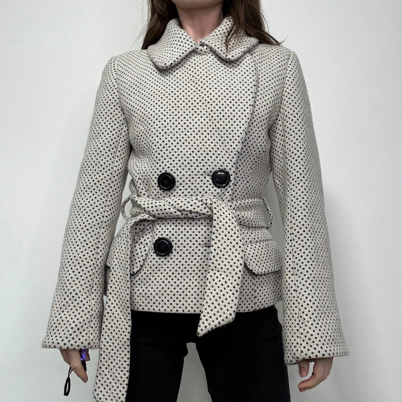 cream wool polkadot flared pea coat