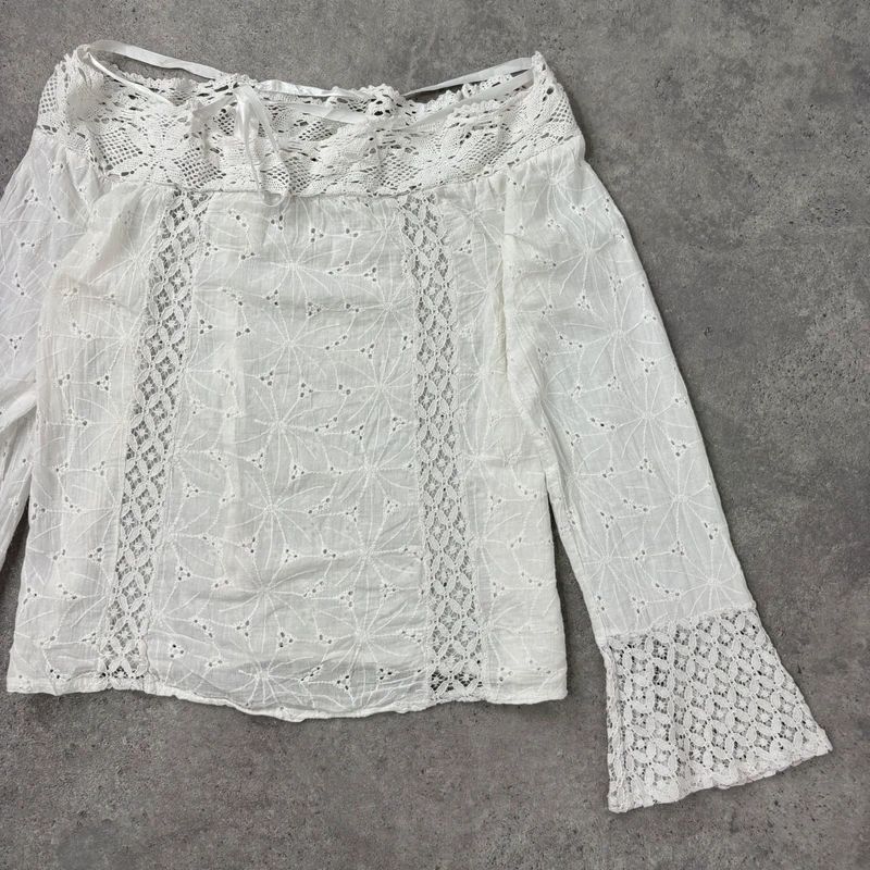 white lace embroidered off the shoulder lace blouse