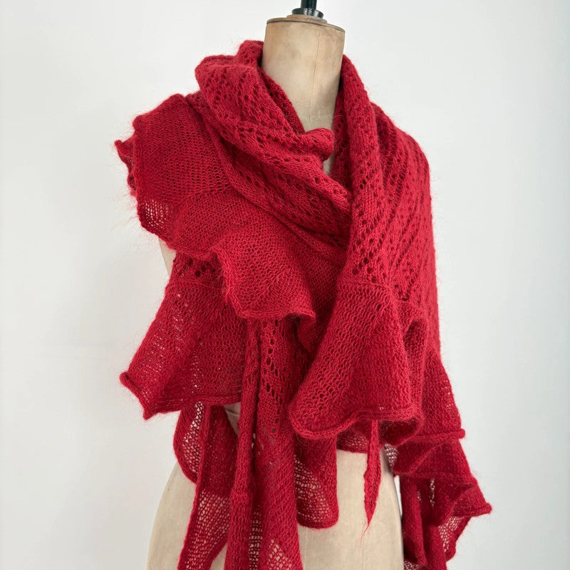 red mohair pointelle wool scarf