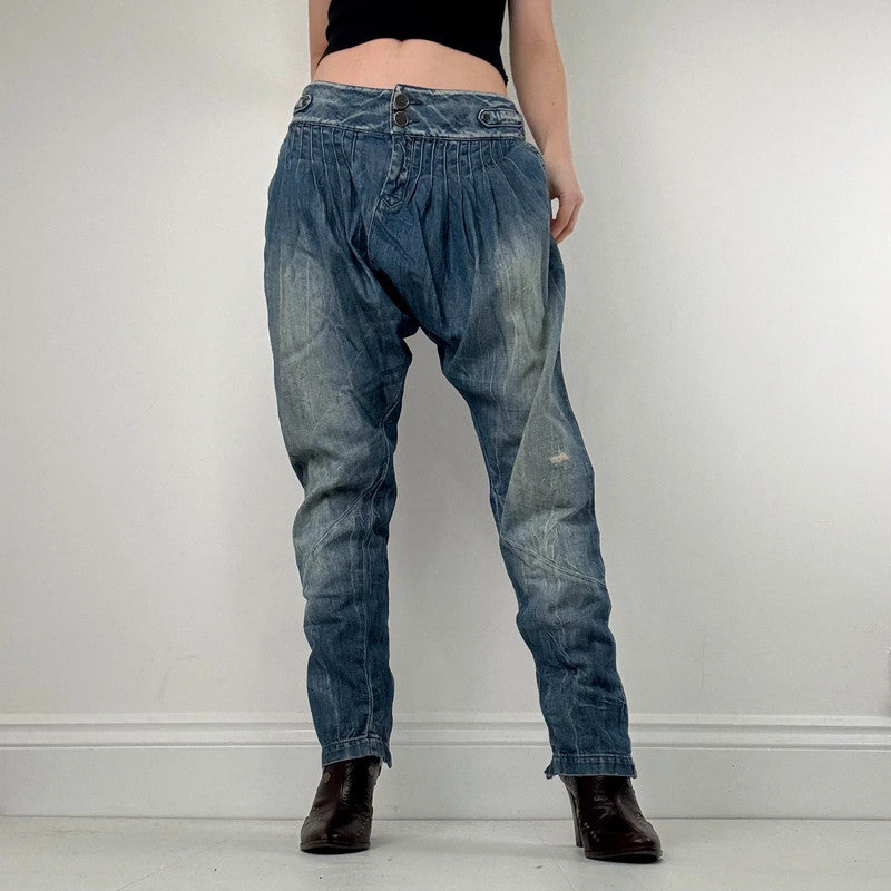 pleated low rise barrel archival puff jeans