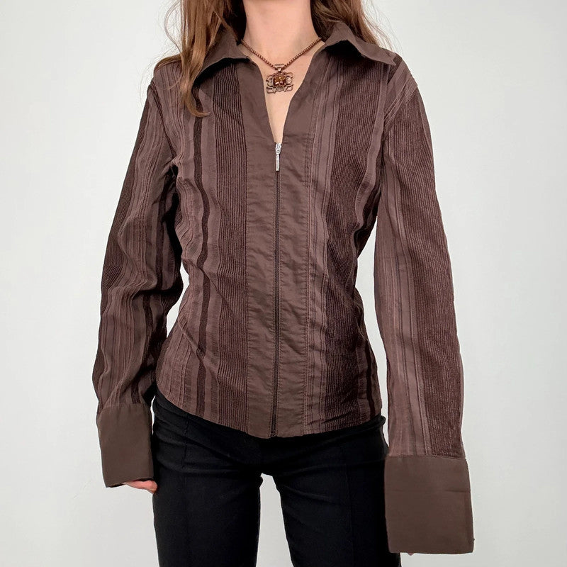 brown pinstripe zip shirt
