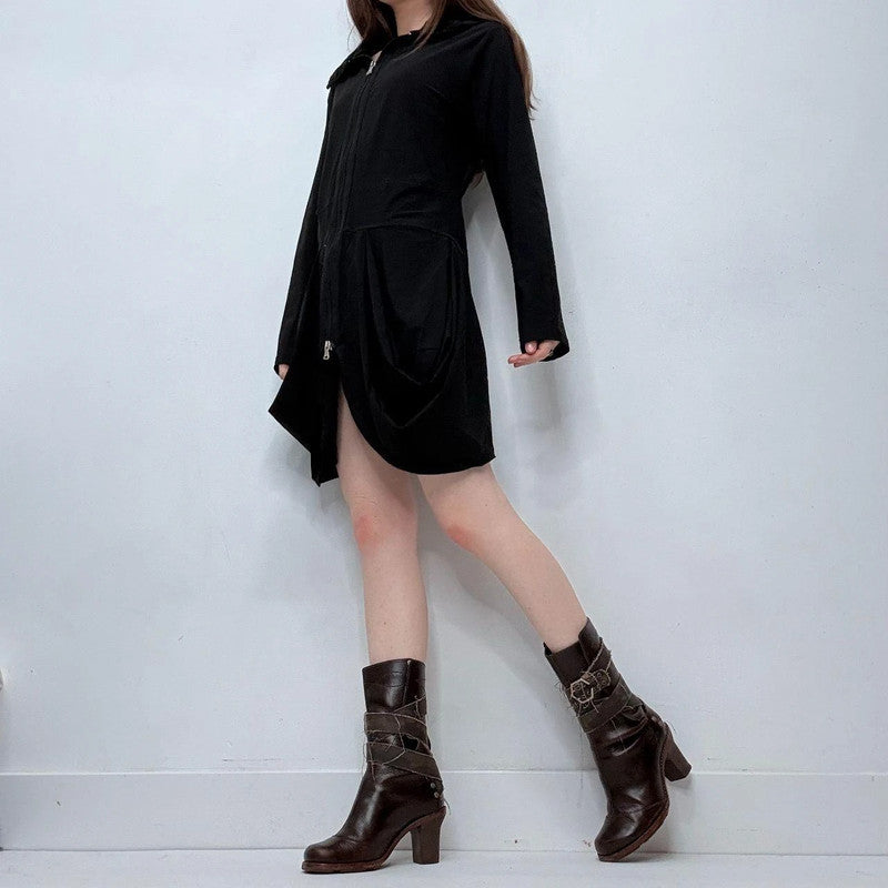 black gathered puff long sleeve dress