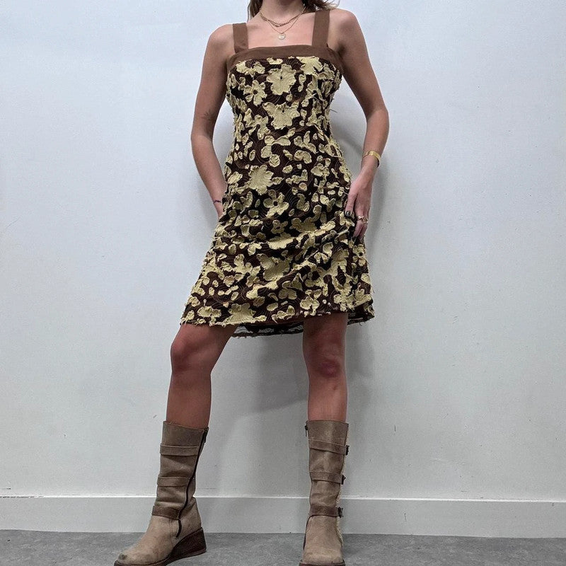 brown flower distressed frayed midi dress