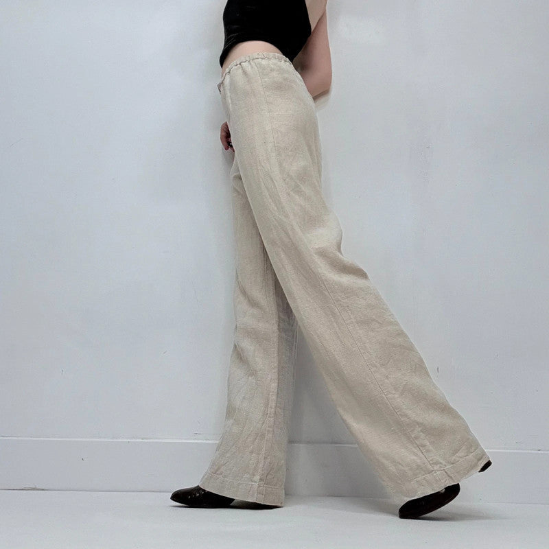 tan 100% linen wide leg flared trousers