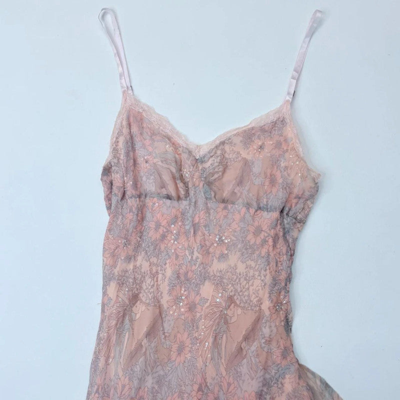 pink silk bias cut floral dress