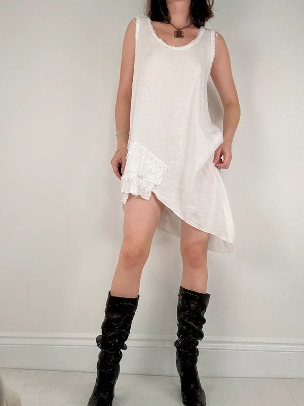 white linen lace asymmetric boho dress