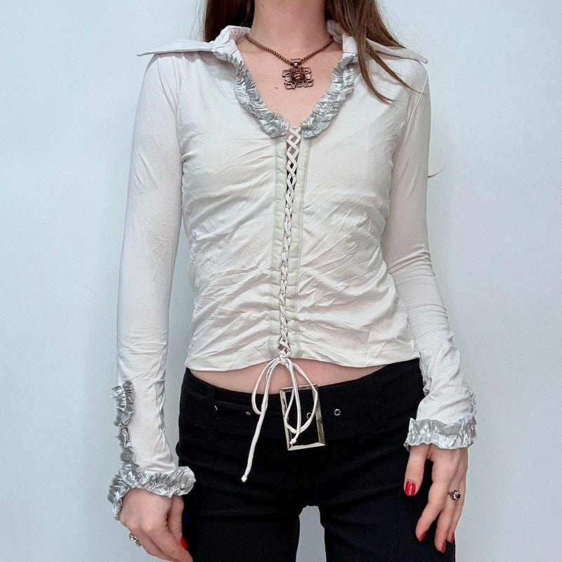 white lace up corset crinkle shirt