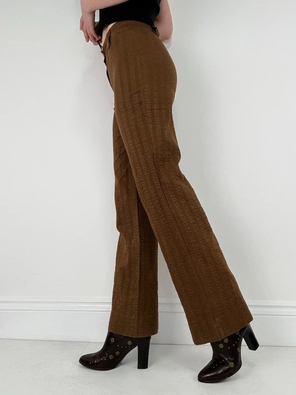 brown pinstripe wide-leg textured flare trousers
