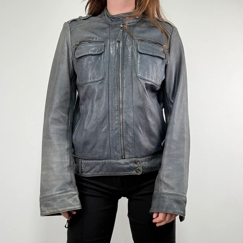 distressed leather boxy biker jacket