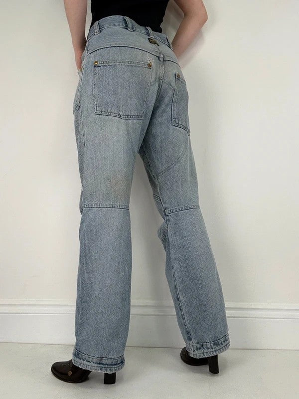 distressed light wash G-star raw cargo flare jeans