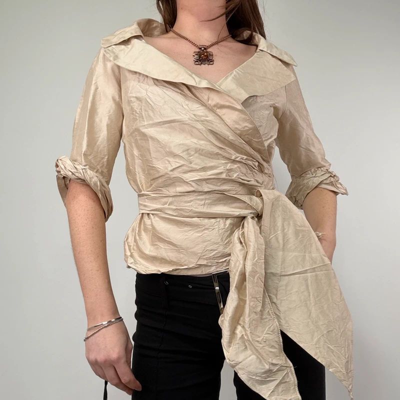 gathered crinkle silk structured wrap shirt