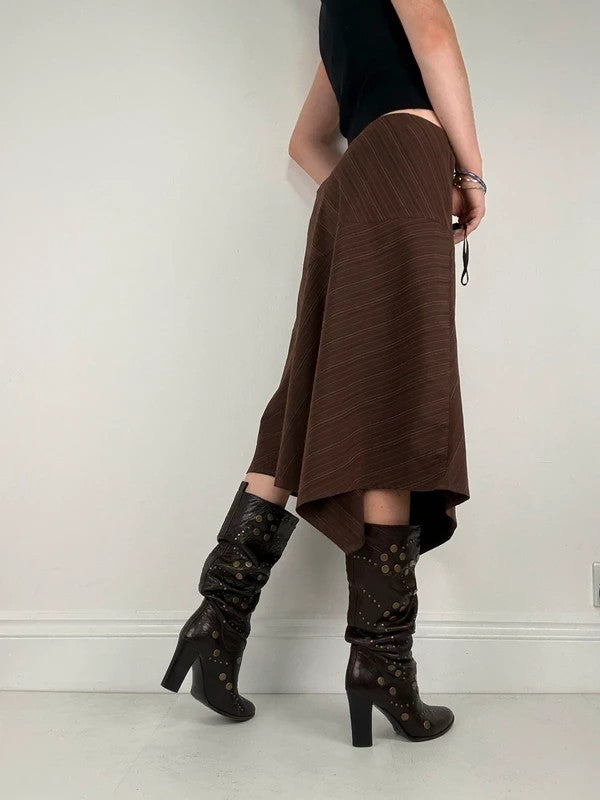 Pinstripe brown asymmetric draped midi skirt