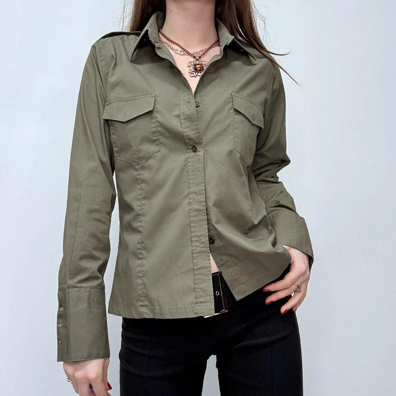 khaki fitted flared military style shirt