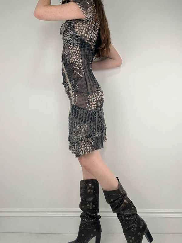slouchy grey polkadot snake cowl neck draped mini dress