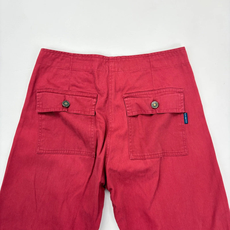 red cotton wide leg flared embroidered trousers