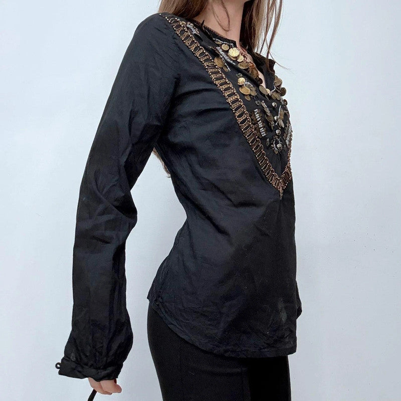 black flared coin hippie shirt