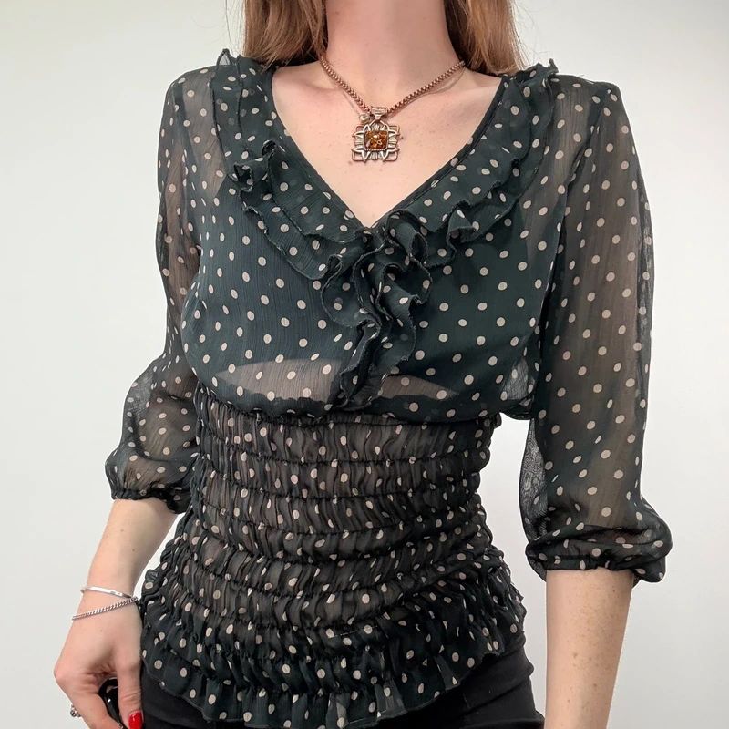 sheer black polkadot cinched shirt