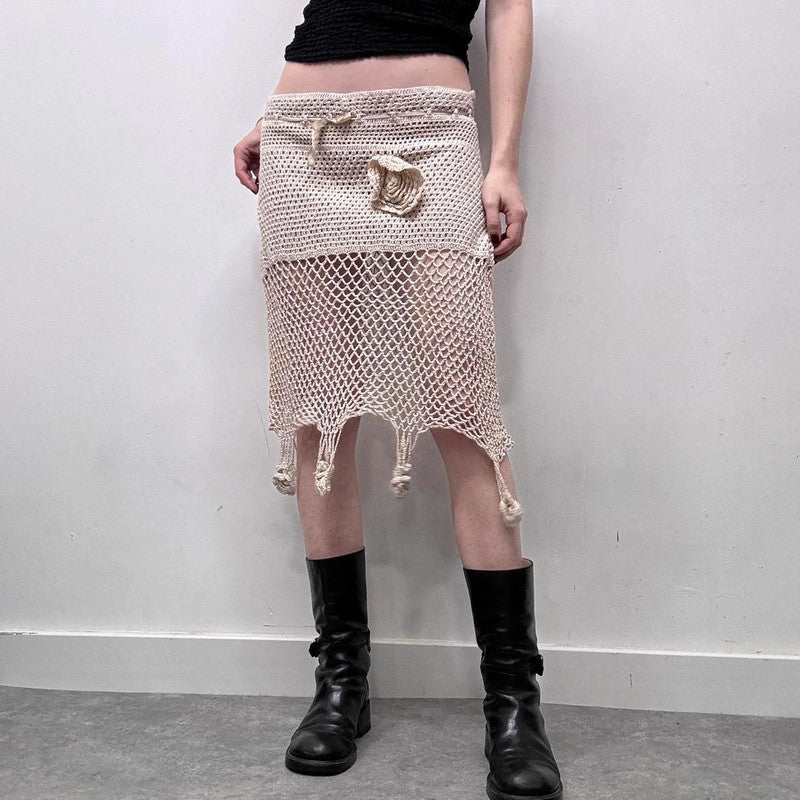 cream crochet lace sheer midi skirt