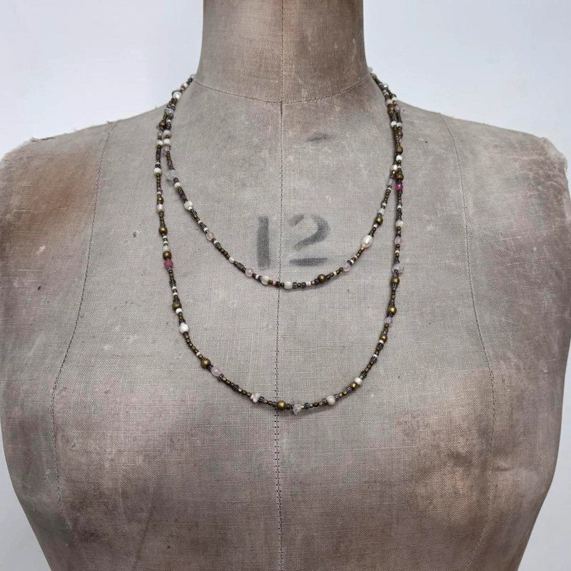 long wrap pearl metal necklace