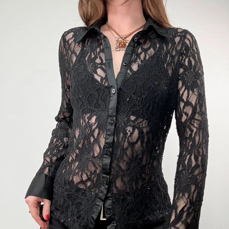 Sheer black Lace Flared Shirt