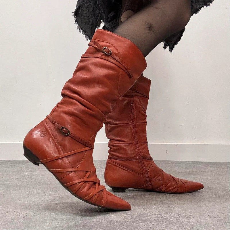 orange leather pointed pixie boots