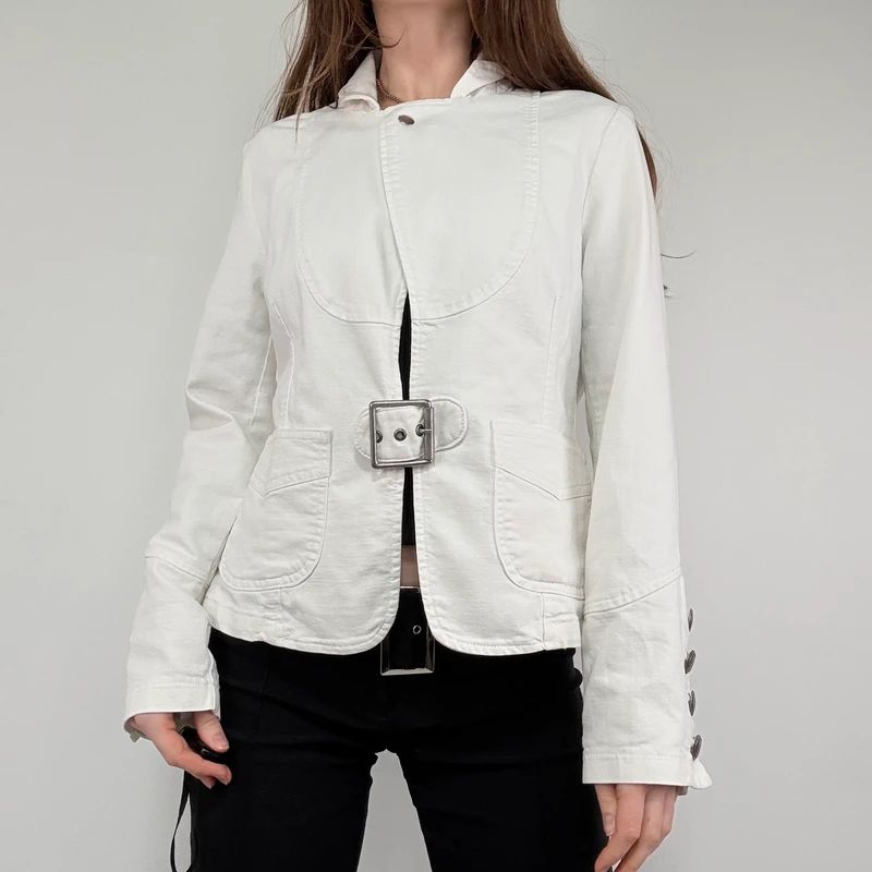 white buckle belted military jacket
