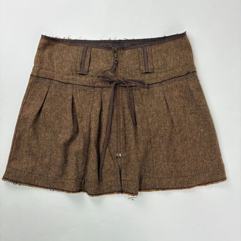 brown utility zip pleated midi skirt