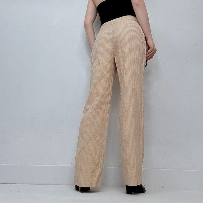 textured pleated pinstripe wide leg flared cotton pants