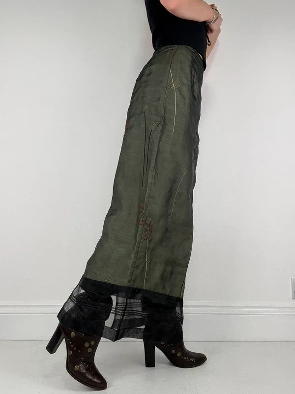 Green embroidered layered a-line maxi skirt
