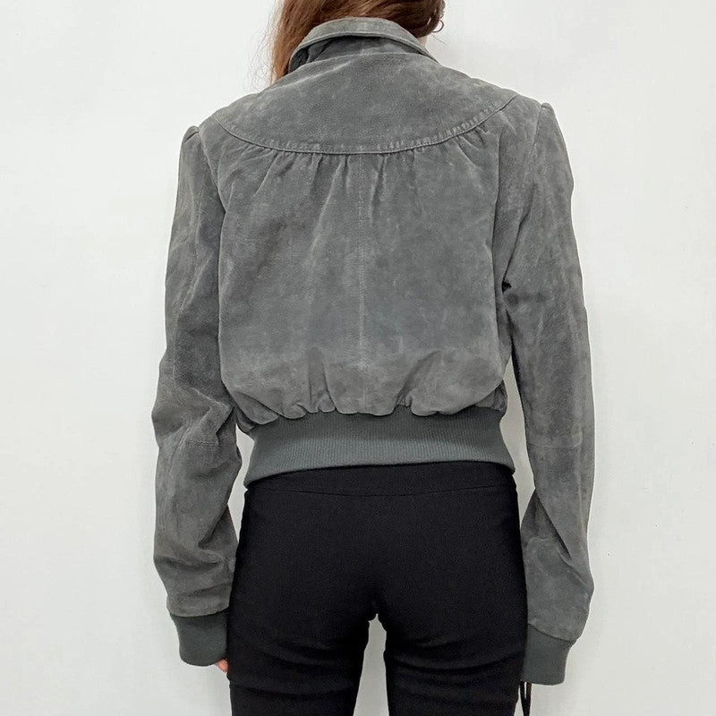 grey suede cropped puff bomber jacket