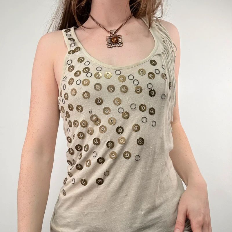 slouchy tan metal studded embelsihed vest top