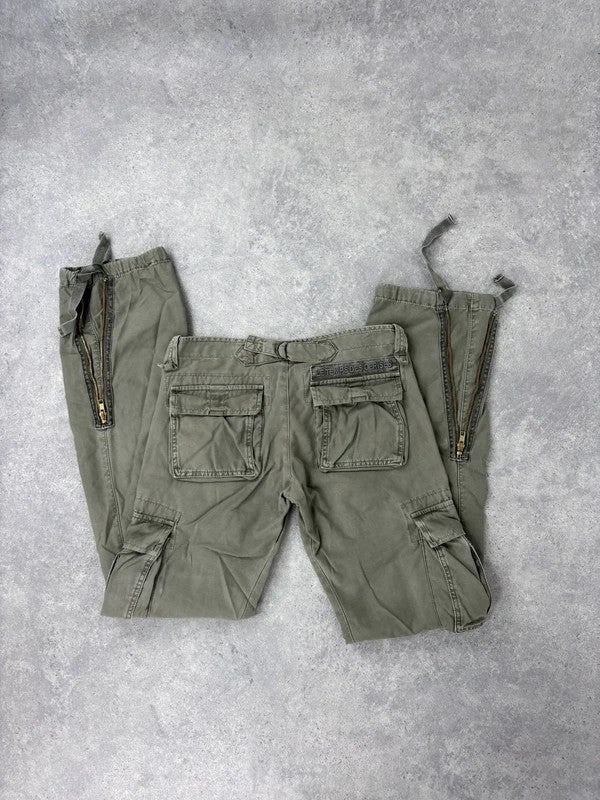 Low rise khaki flared cargo utility trousers