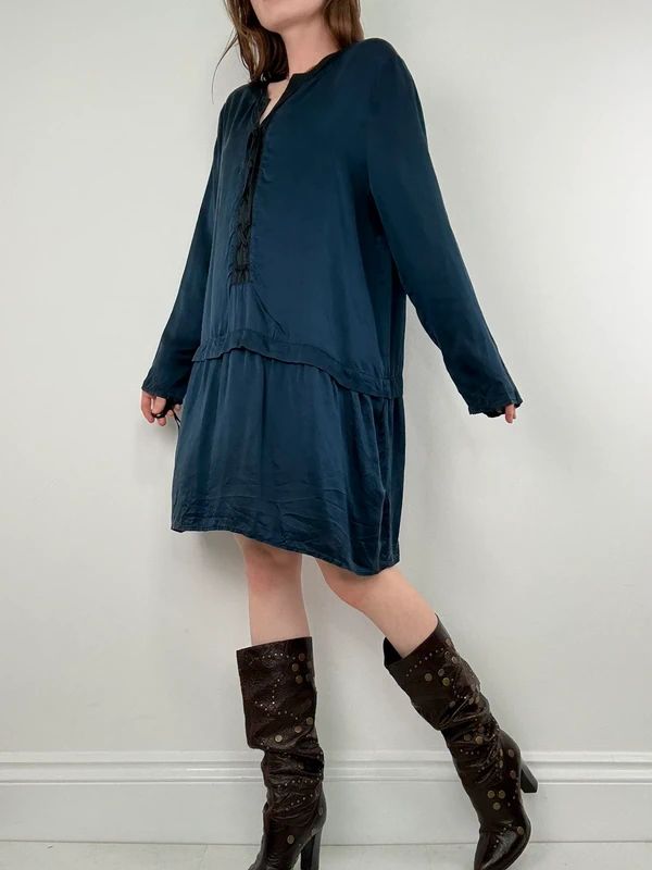 navy silk drop waist long sleeve shirt dress