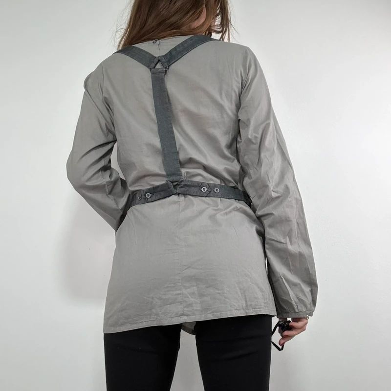 utility khaki pleated blouse with harness braces