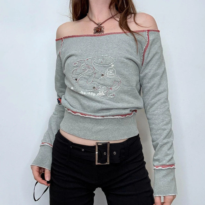 grey off the shoulder slouchy sweater