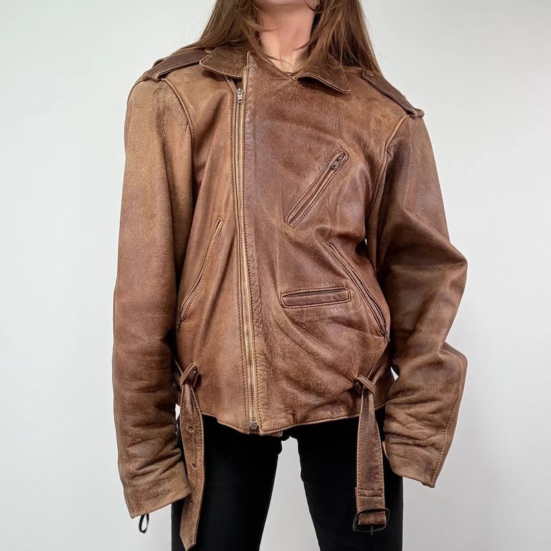 Oversized Brown leather Slouchy Biker Jacket