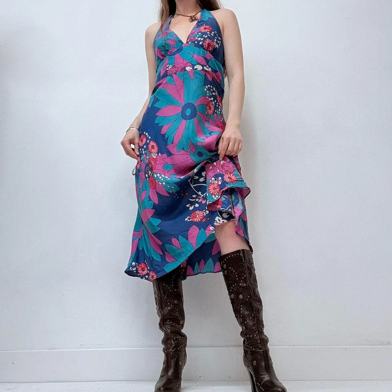 graphic flared silk summer floral dress