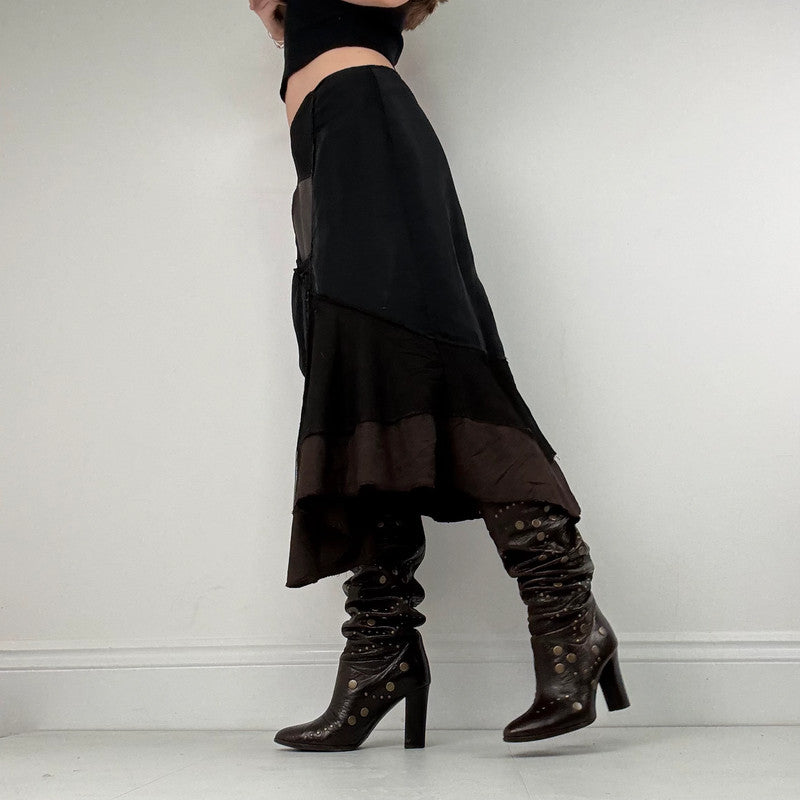 panelled patchwork asymmetric black midi skirt