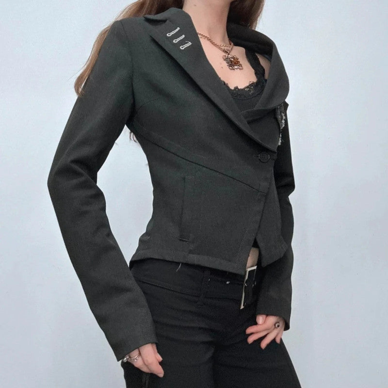 flared asymmetric grey button suit cropped jacket