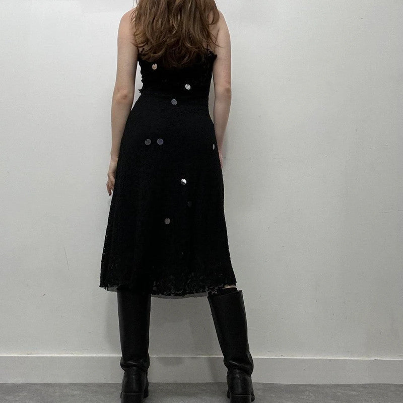 black lace beaded bias cut dress