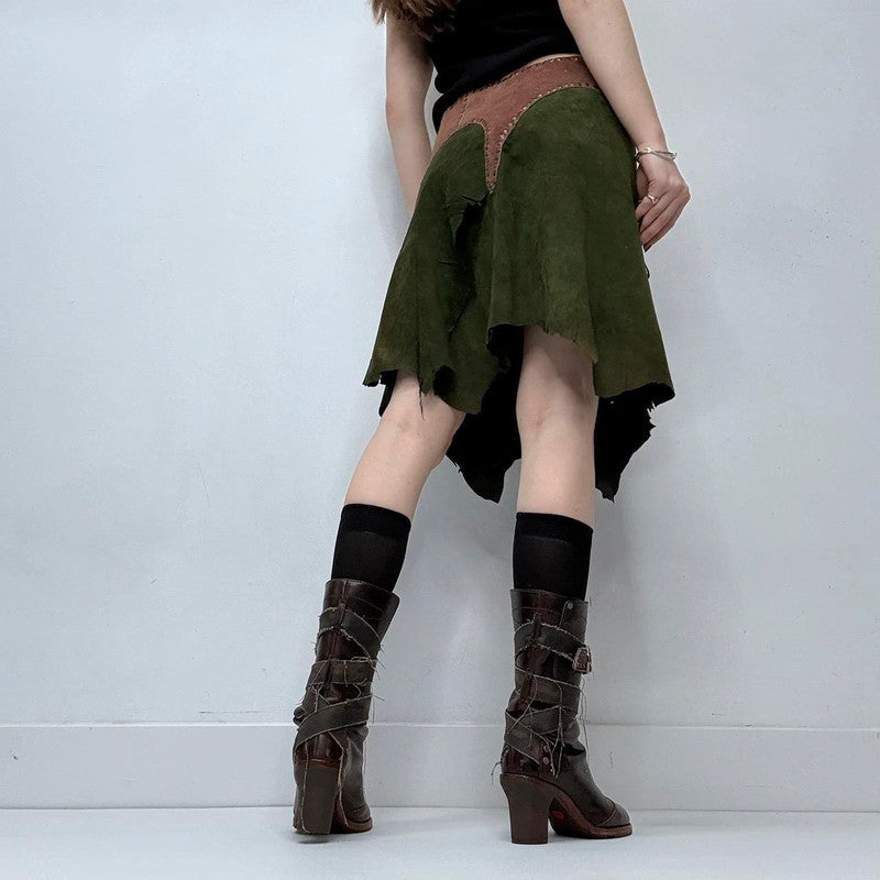 khaki green studded boho leather skirt belt