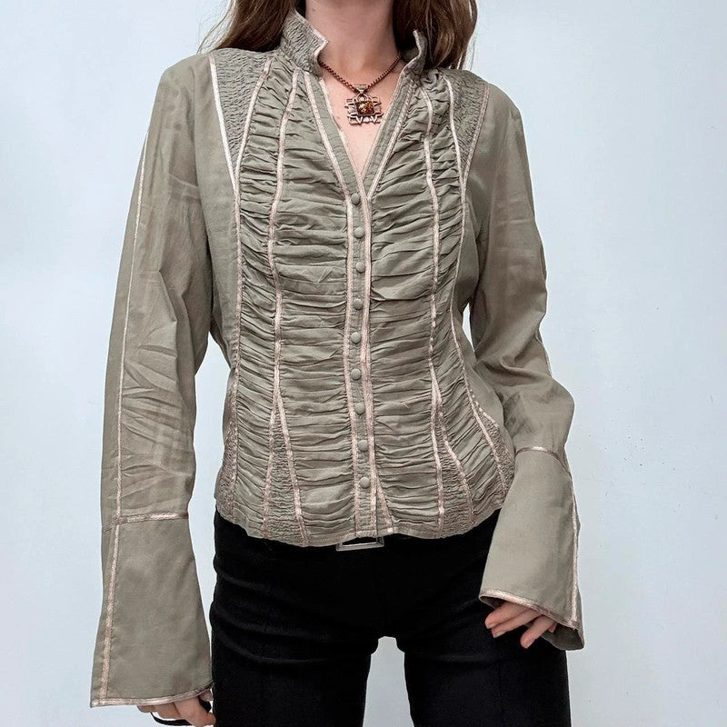 khaki gathered lace corset shirt