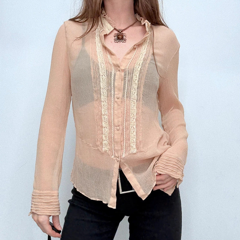 sheer crinkle silk lace blouse