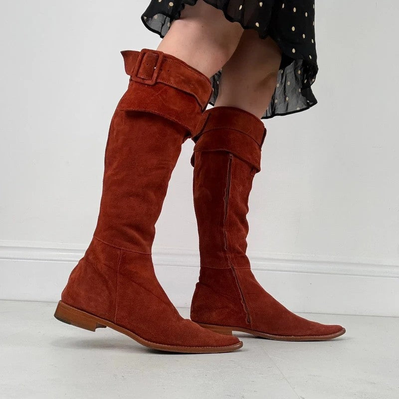 Pointed toe burnt orange suede buckle 70s boots