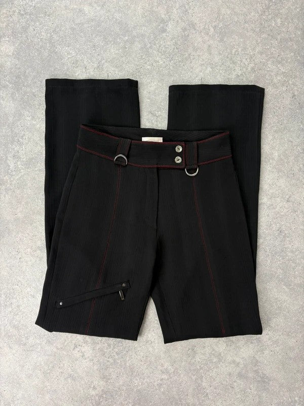 black pinstripe flared gothic d-ring utility trousers