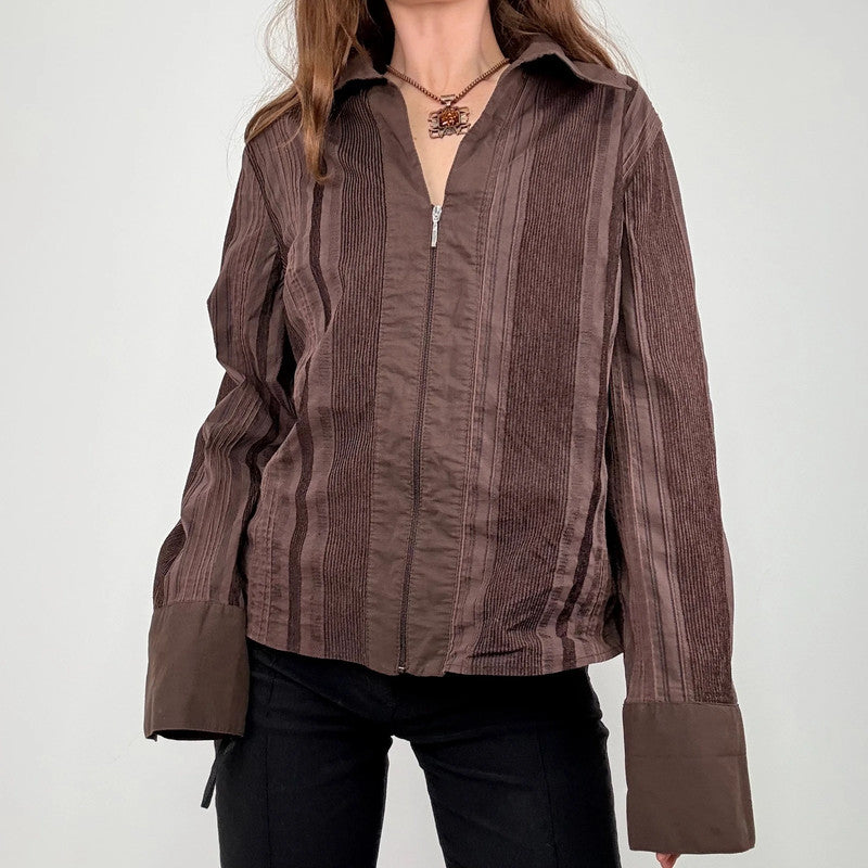 brown pinstripe zip shirt