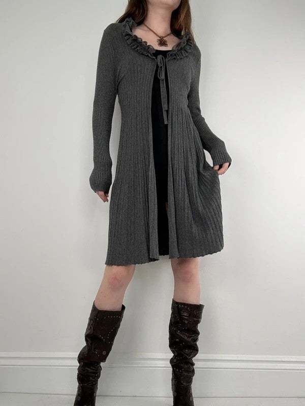 ribbed knit flutter grey long ruffle cardigan